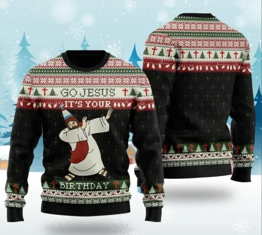 BG Go Jesus It’s Your Birthday 3D All Over Print Sweater, Funny Jesus Xmas Tree