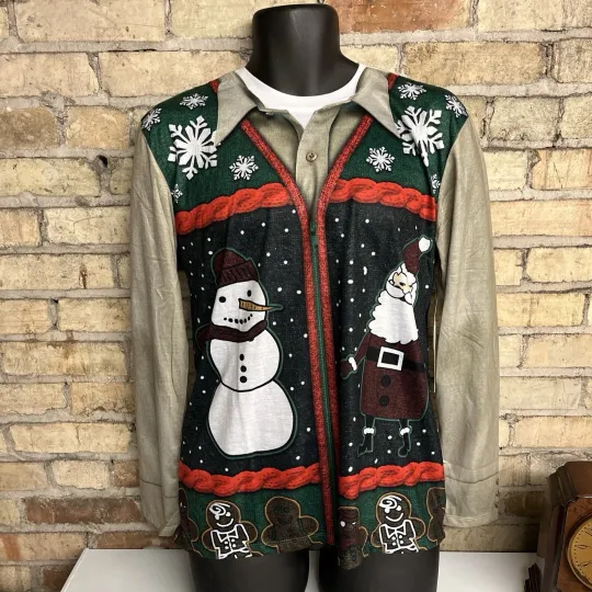3D Photo-Realistic Snowman & Santa (vest) Ugly Christmas Sweater LS Shirt Small