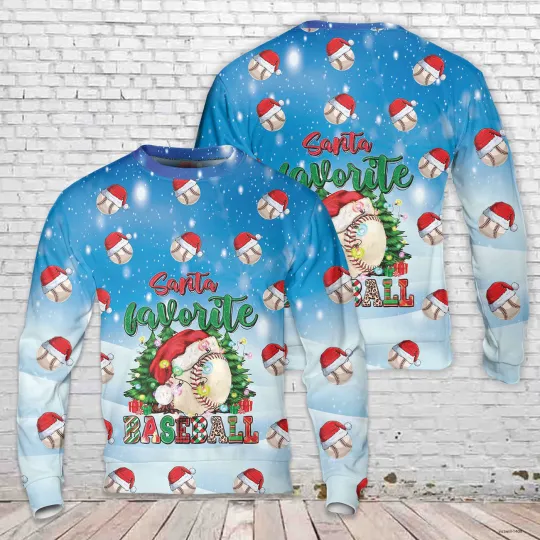 Santa's Favorite Baseball AOP Ugly Christmas SweaterShirt Gift Men Dad Women