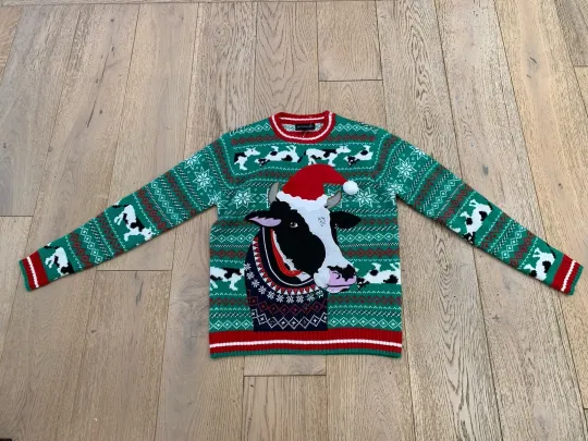 Blizzard Bay 3D Cow Santa Ugly Christmas Sweater Crew Neck Green Red Knit Size S