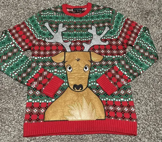 Blizzard Bay Ugly Christmas Sweater Reindeer Beer Pouch Pocket Sz Large Perfect