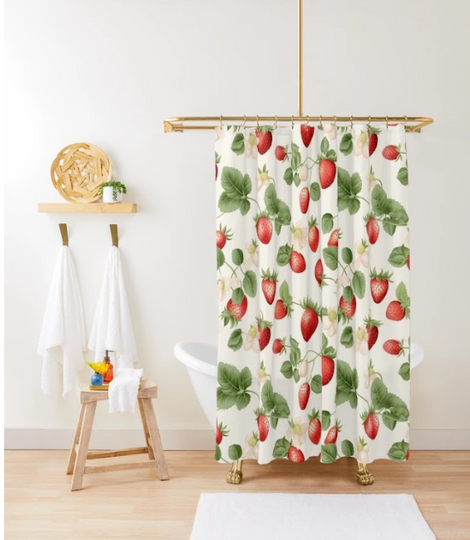 Strawberry Shower Curtain, Vintage Botanical Red Fruit Design for Cottagecore Bathroom Decor