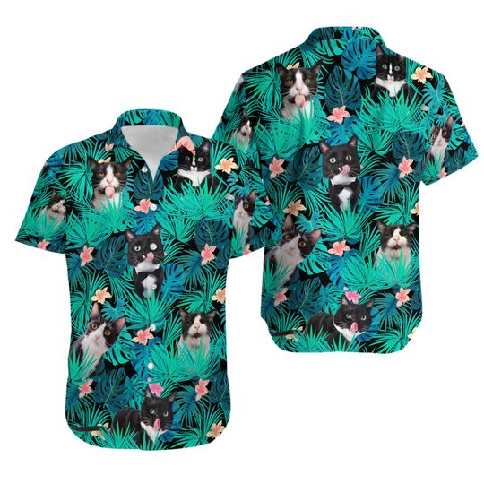 Tuxedo Cat With Funny Face Leaves Tropic Hawaiian Shirt - Gift For Cat Lover