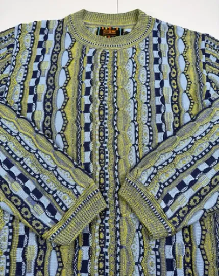 Vtg Steven Land Sweater Blue Green Geometric 3D 90s USA Y2K Ugly Coogi Style L