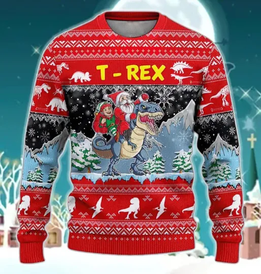 Bg Santa Riding Dinosaur T-Rex Ugly Christmas Sweater