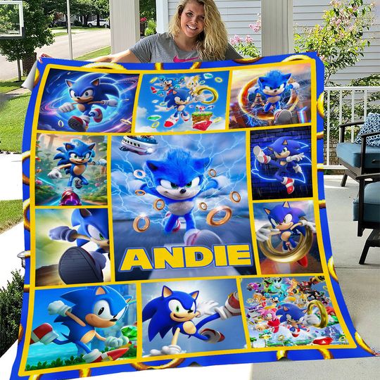Discover Custom Sonic The Hedgehog Blanket, Personalized Cartoon Hedgehog Minky Sherpa Blanket, Custom Name Blanket, Sonic Birthday Blanket