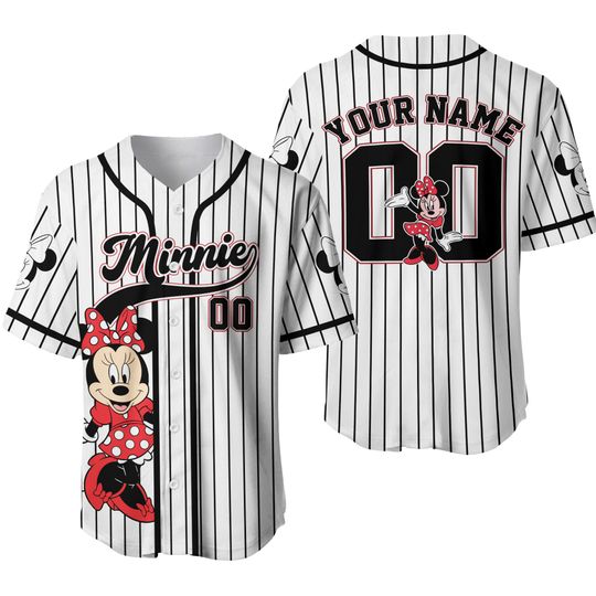 Custom Minnie Mouse Striped Baseball Jersey, Disney Minnie Baseball Shirt, Disneyland Jersey, Disneyworld Shirt, Magic Kingdom Gifts