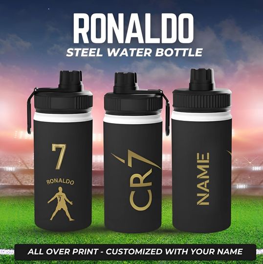 Ronaldo Stainless Steel Water Bottle, Sports Lid - 3 Sizes - Soccer Ronaldo Fan - Men Birthday Gift - Father s Day Gift