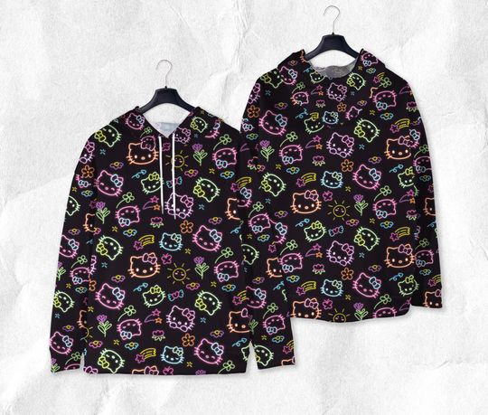Hello Kitty Tropical Hoodie Shirt, Neon Kitty 3D Hoodie, Cute Gift