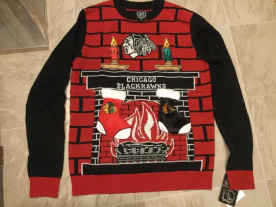 Nwt Chicago Blackhawks Hockey 3D Ugly Christmas Sweater Stocking Fireplace Men M