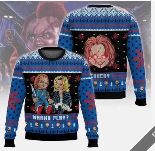 Chucky And Tiffany Horror Couple Wanna Play Ugly Christmas 3D SWEATER US SIZE