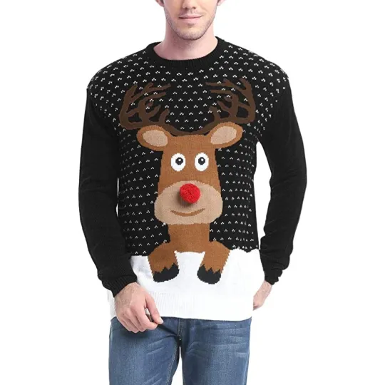 Ugly Christmas Sweater Cute Pullover XX Large Reindeer 3D Nose Black