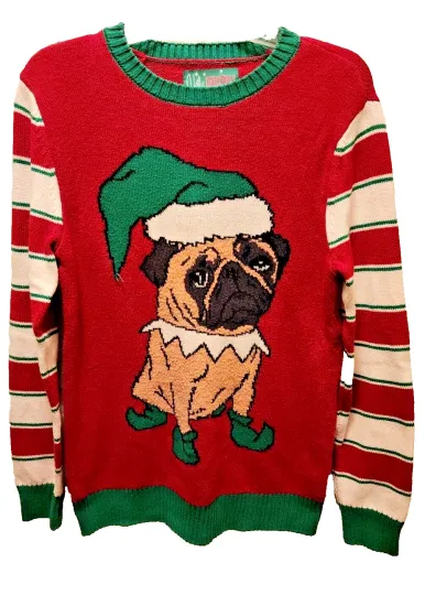 Ugly Christmas Sweater Mens Size Small Elf Sitting Pug Dog Unisex Striped Sleeve