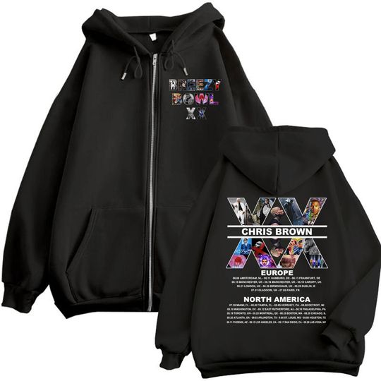 Chris Brown Breezy Bowl XX Tour 2025 Zip Hoodie Men Women Fashion Y2K Slim Fit Hoodie with Zipper Hip Hop Pullover