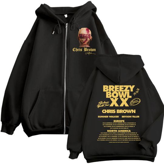 Chris Brown Double Sided Zip Hoodie Breezy Bowl XX Tour 2025 Unisex Fashion Hip Hop Sweatshirt