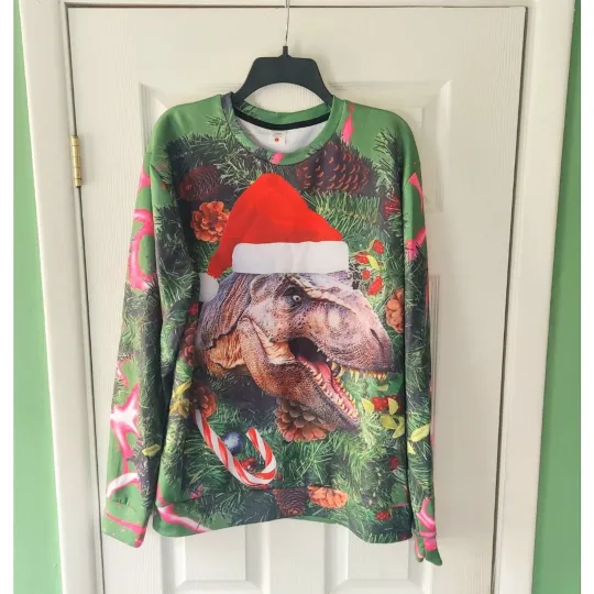 3D Print Ugly Christmas Pullover Santa Hat T-Rex Dinosaur Xmas Top