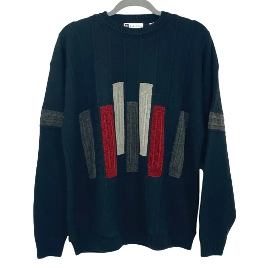 VTG Bachrach Sweater Men LG Black Textured Velour Striped 3D Crew Neck Retro USA