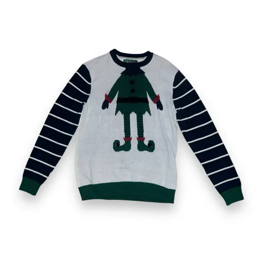 Ugly Christmas Sweater XL Elf Body Cream Green Red Striped Sleeves