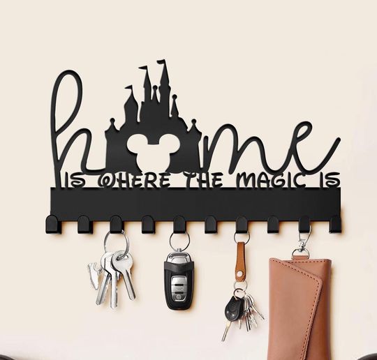 Home Is Where Magic Is Disney Key Hanger - Disney Castle Decor - Wall Hook Rack - Mickey Head Sign - Disney Quote Decor - Disney Lover Gifts