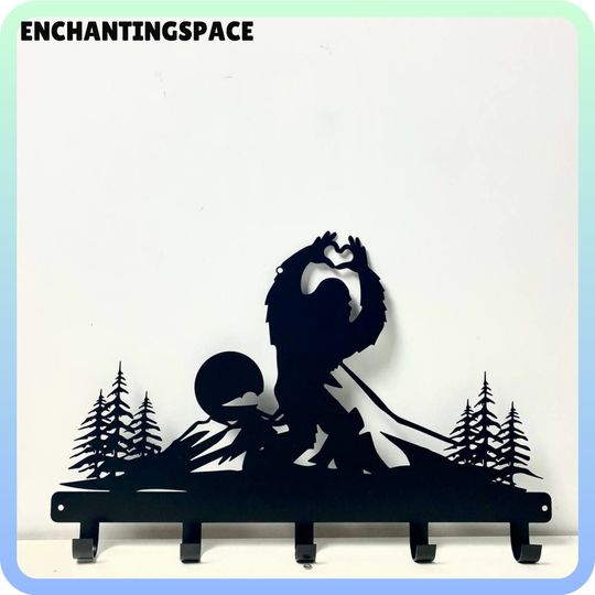 Bigfoot Mountain Key Holder Metal Wall Art Led Light, Metal Coat Rack Hooks, Animal Key Holder, Metal Key Hanger For Wall