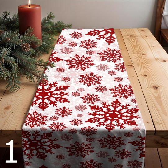Christmas Snowflakes Table Runner, Winter Holiday Table Decor, Red Green Xmas Table Runner