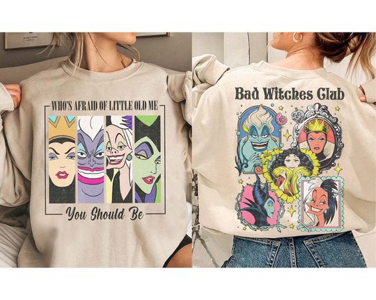 2-sided Disney Villains Bad Witches Club Shirt, Evil Queen Maleficent Ursula Cruella, Disney Villains Halloween Tee, Disney Girl's Trip Tee