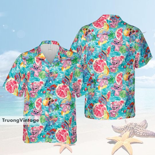 Custom Stitch and Angel Hawaiian Shirt And Shorts, Stitch Angel Hawaiian Shirt, Movie Tropical Shirt, Summer Beach Shirt, Disney Vacation