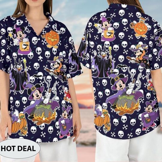 Halloween Mickey Mouse Hawaiian Shirt, Minnie Daisy Witch Maleficent Hawaii Shirt, Halloween Party Gift, Magic Kingdom Pumpkin Shirt
