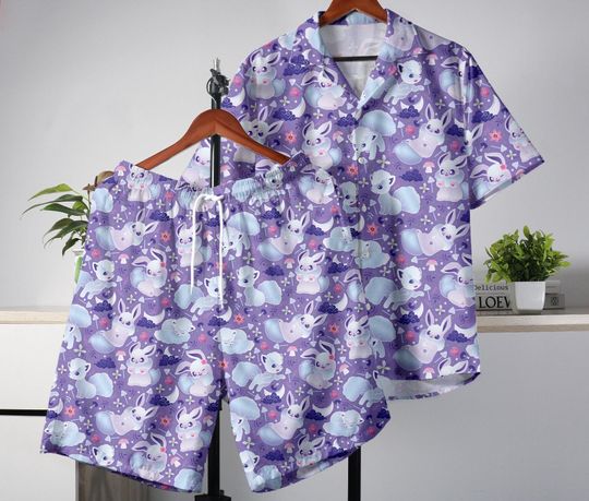 Eevee Hawaiian Shirt Cute Vulpix Tropical Summer Button Up for Men & Women Lightweight Beach Vacation Apparel Unique Island Style Gifts