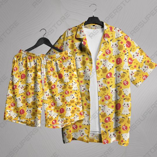 Yellow Mimi Hawaiian Button-Up Shirt Ghost Hawaii Set Tropical Shirt Gifts