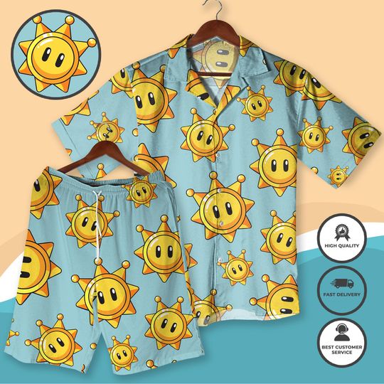 Shine Sprite Hawaiian Shirt Super Mario Inspired Summer Shirt Retro Gamer Gift for Him Cute Sun Print Aloha Shirt Vacation Beach Shirt