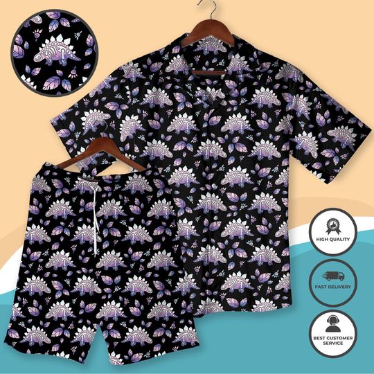 Stegosaurus Hawaiian Shirt and Shorts Cute Dino Tropical Outfit Purple Dinosaur Summer Matching Set Funny Vacation Beachwear