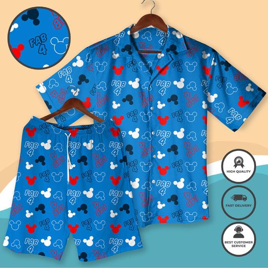Mickey "Fab 4" Mickey Head Hawaiian Shirt And Shorts Set Blue Red Black Beach Outfit Family World Trip Apparel Summer Vacation Clothes