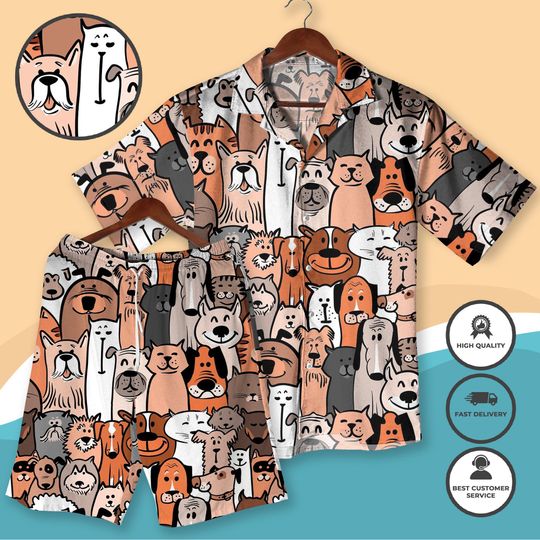 Dog and Cat Cartoon Hawaiian Shirt Set  Funny Animal Print Summer Outfit, Pet Lover Shirt Shorts, Cute Dog Cat Matching Set, Beach Shirt
