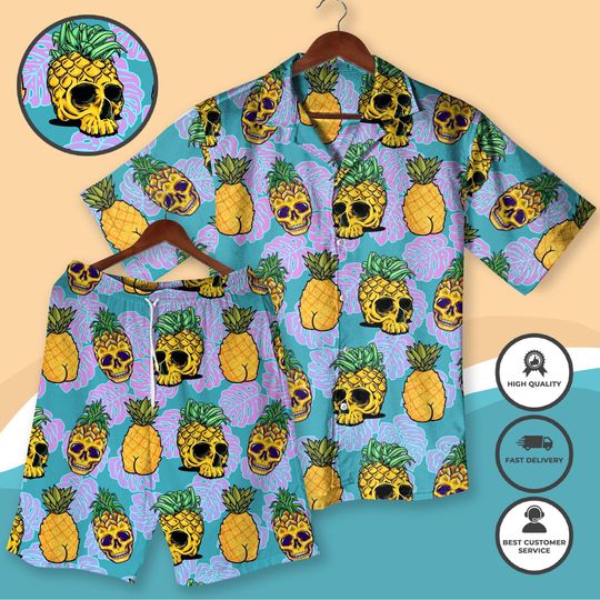 Pineapple Skull Hawaiian Shirt Tropical Goth Summer Outfit Edgy Aesthetic Button Down Shirts Vacation Shirt for Men Women Halloween Shirt