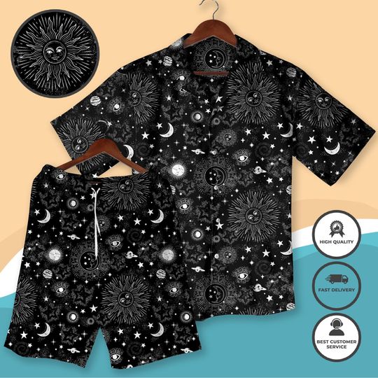 Celestial Hawaiian Shirt Sun Moon Stars Cosmos Print Women Hawaiian Shirt Mens Button Down Summer Beach Outfit Astrology Lover Gift