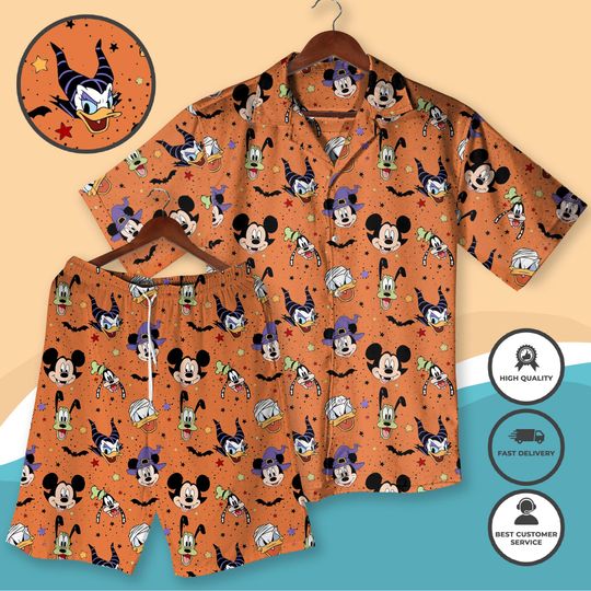 Halloween Cartoon Character Shirt Set Spooky Mouse, Mummy Duck & Goofy Vampire Matching Outfit, Funny Orange Pajama Set, Mickey Shirt