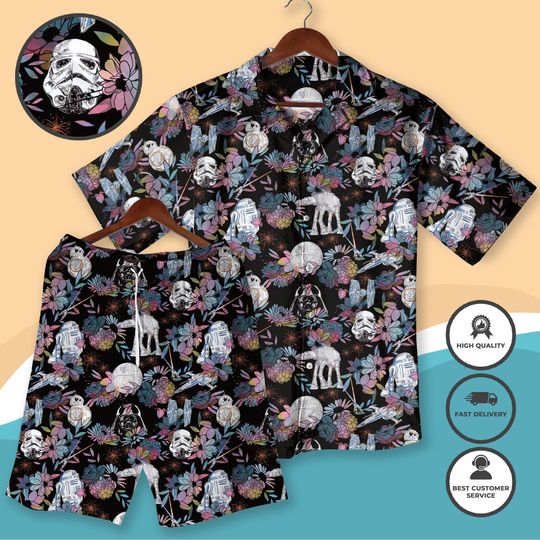 Star -Wars Floral Hawaiian Shirt And Shorts Sci-Fi Flower Beach Outfit Trooper Vader R2D2 Tropical Apparel Star - War Summer Vacation Gift