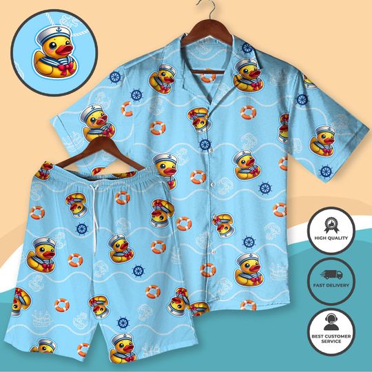 Rubber Duck Hawaiian Shirt Funny Sailor Duck Summer Outfit Matching Shirt & Shorts Novelty Beachwear Nautical Party Shirt Beach Shirt