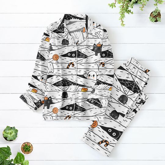 Funny Ghost Boo Black Cat Pajamas Set, Halloween Boo Pajamas Family, Funny Spooky Season Matching Pajamas Set, Black Cat Pajamas