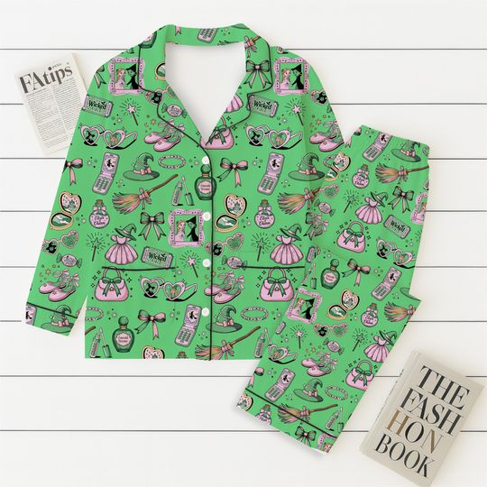 Pink and Green Witch Halloween Pajama Set, Wizard Sleepwear, Cute Magical Nightwear, Musical Movie Shirt, Holiday Gift