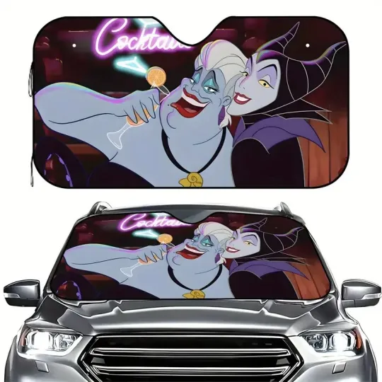 Funny Ursula & Maleficent Drinking Cocktails Halloween Car Windshield Sun Shade