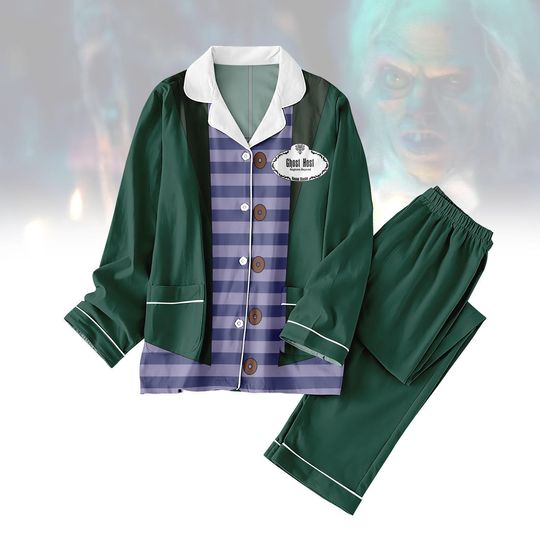 Ghost Host Pajamas Set, Haunted Mansion Costume Sleepwear, Green Striped Long Sleeve PJs, Halloween Loungewear, Disney Inspired