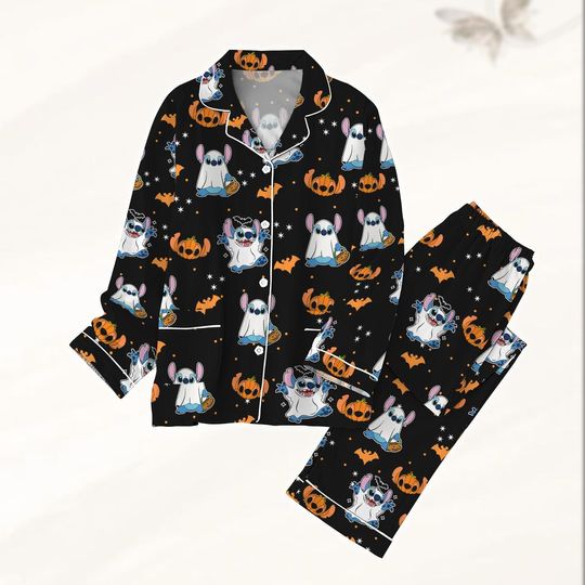 Halloween Stitch Pajamas Set, Disney Lilo & Stitch Women Pajamas, Trick or Treat Pumpkin Sleepwear, Cute Black Cartoon Loungewear Set