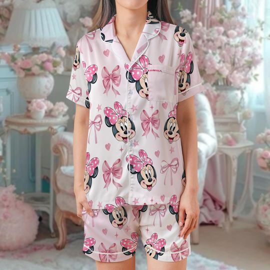 Minnie Mouse Pijama Set, Minnie Bow Coquette Pajamas Short Set, Disneyworld Women Pajamas, Pluto Daisy Donald Bow Pjs