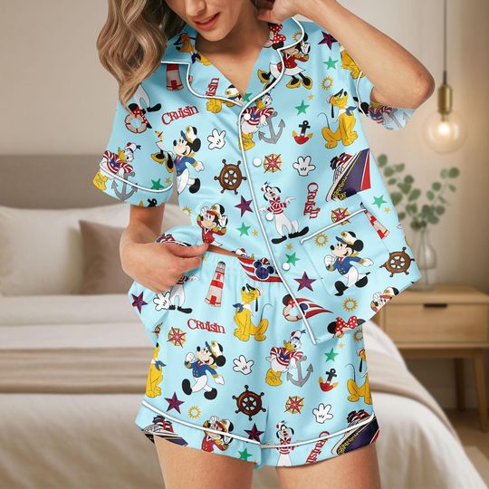Disney Cruise Pajamas Set, Mickey And Friends Cruise Short Pajamas, Minnie Donald Daisy Goofy Women Pajamas, Mickey Sleepwear