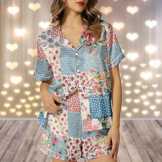 Patchwork pajamas Floral  Pajamas Set, Flowers Women PJs, Cottagecore PJs, Bridal Shower Gifts, Bridesmaid Sleepwear For Summer