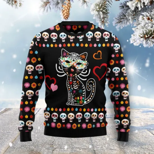 Day Of The Dead Black Cat Ugly Christmas Sweater, Perfect Holiday Gift