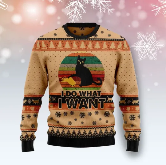 I Do What A Want Black Cat Ugly Christmas Sweater, Perfect Holiday Gift