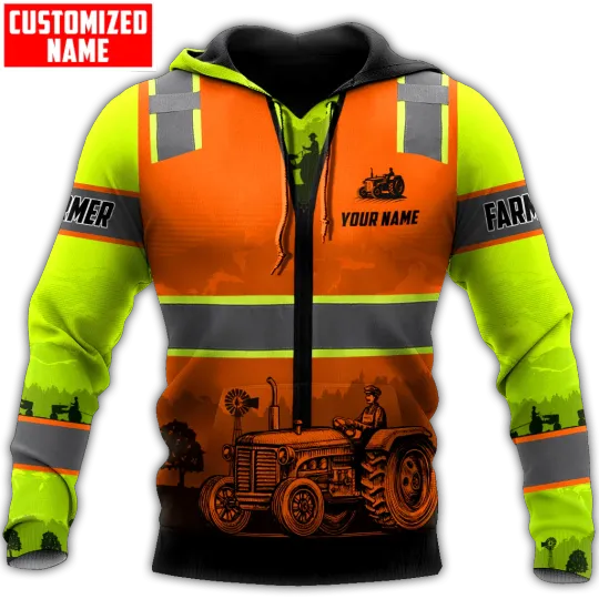 Farmer Tractor in field Safety Orange Custom name shirts